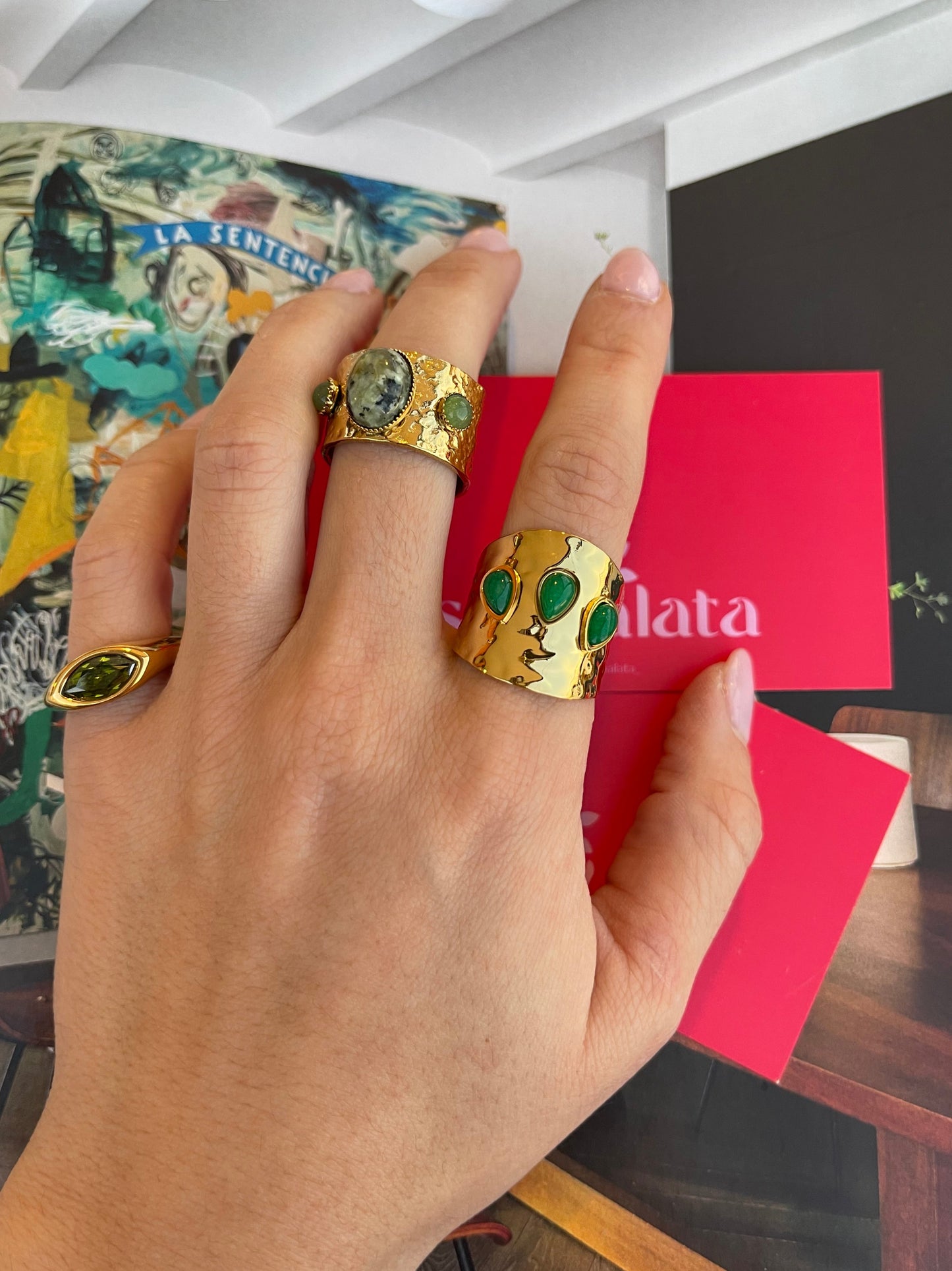 Triple Green Stone Ring